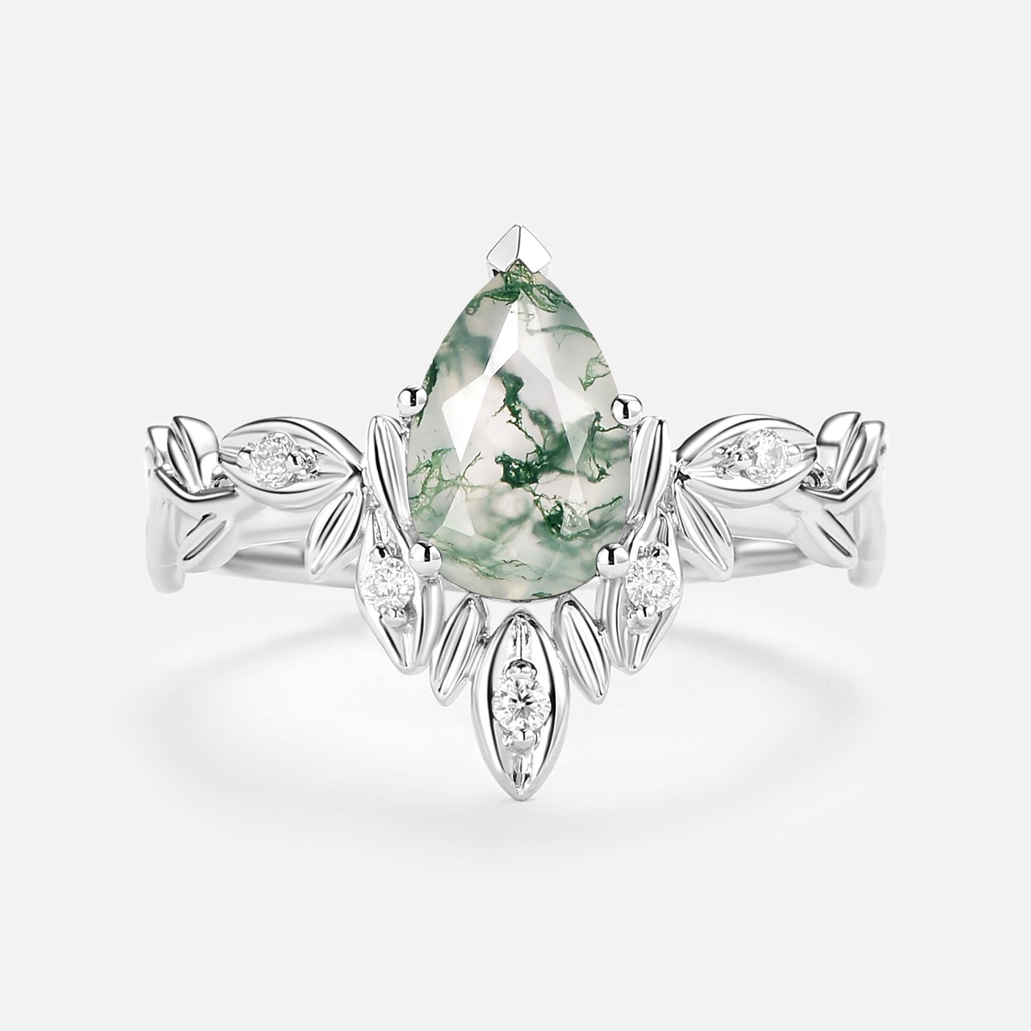 Pear Cut Leafy Nature Inspired Moss Agate Engagement Ring
