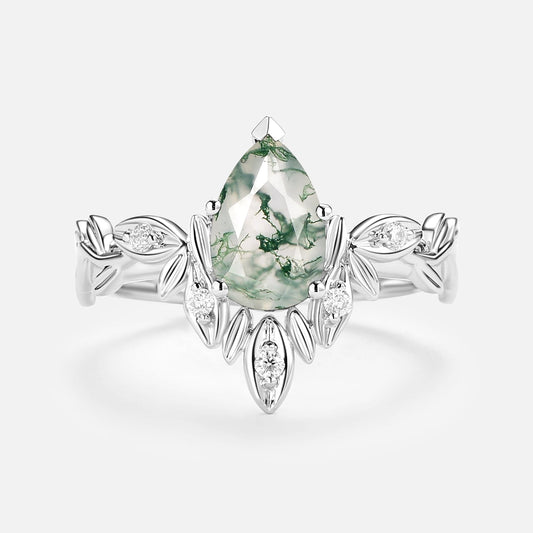 Pear Cut Leafy Nature Inspired Moss Agate Engagement Ring