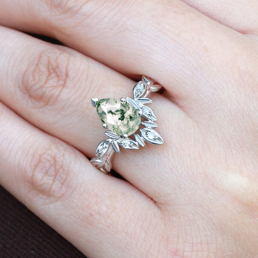 Pear Cut Leafy Nature Inspired Moss Agate Engagement Ring