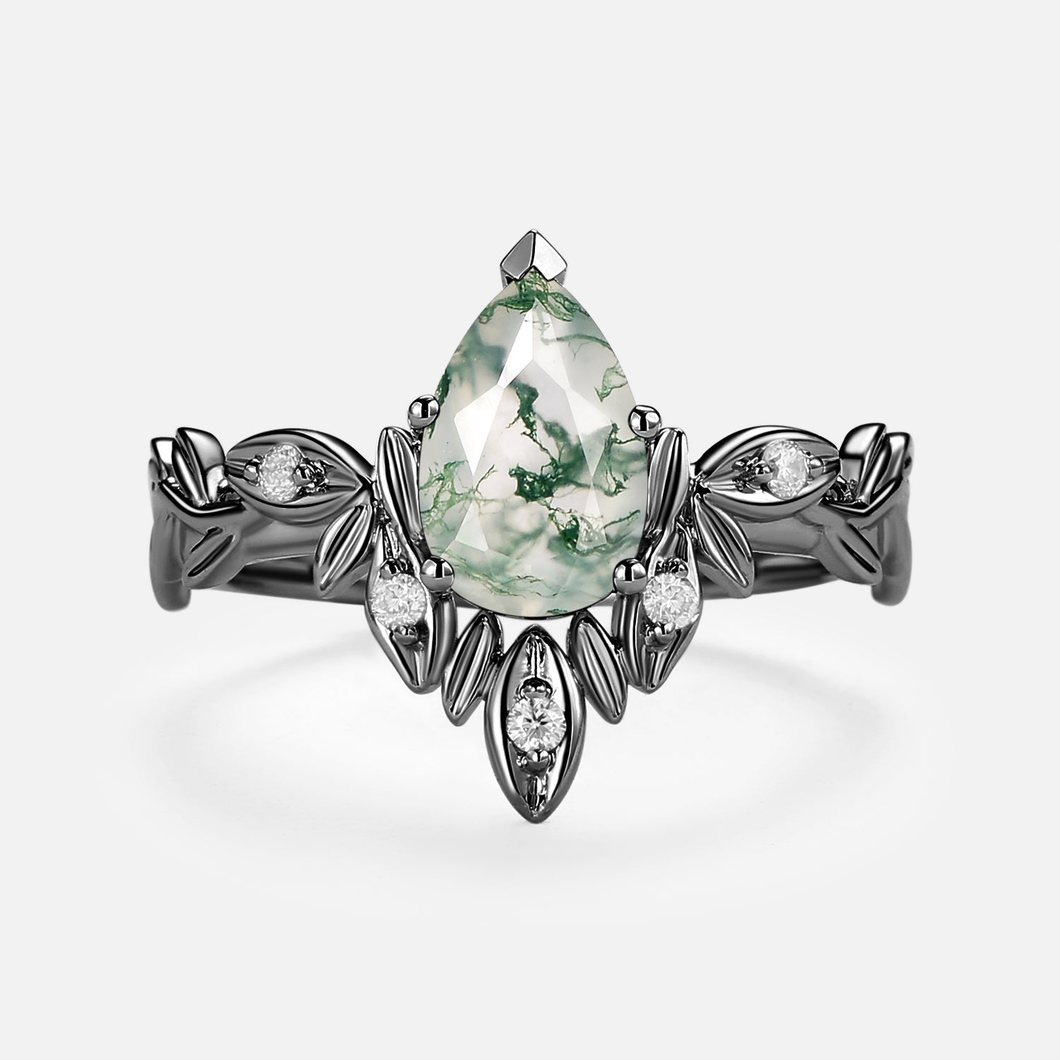 Pear Cut Leafy Nature Inspired Moss Agate Engagement Ring