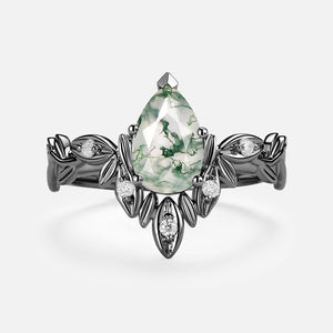 Pear Cut Leafy Nature Inspired Moss Agate Engagement Ring