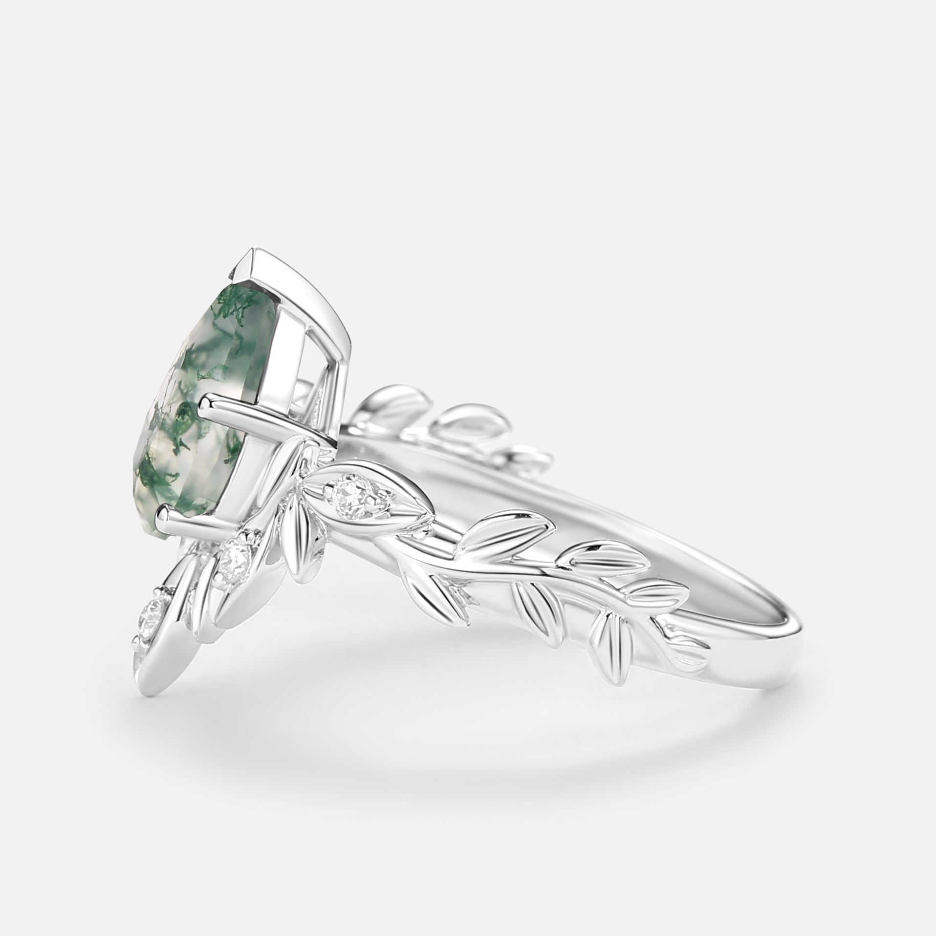 Pear Cut Leafy Nature Inspired Moss Agate Engagement Ring