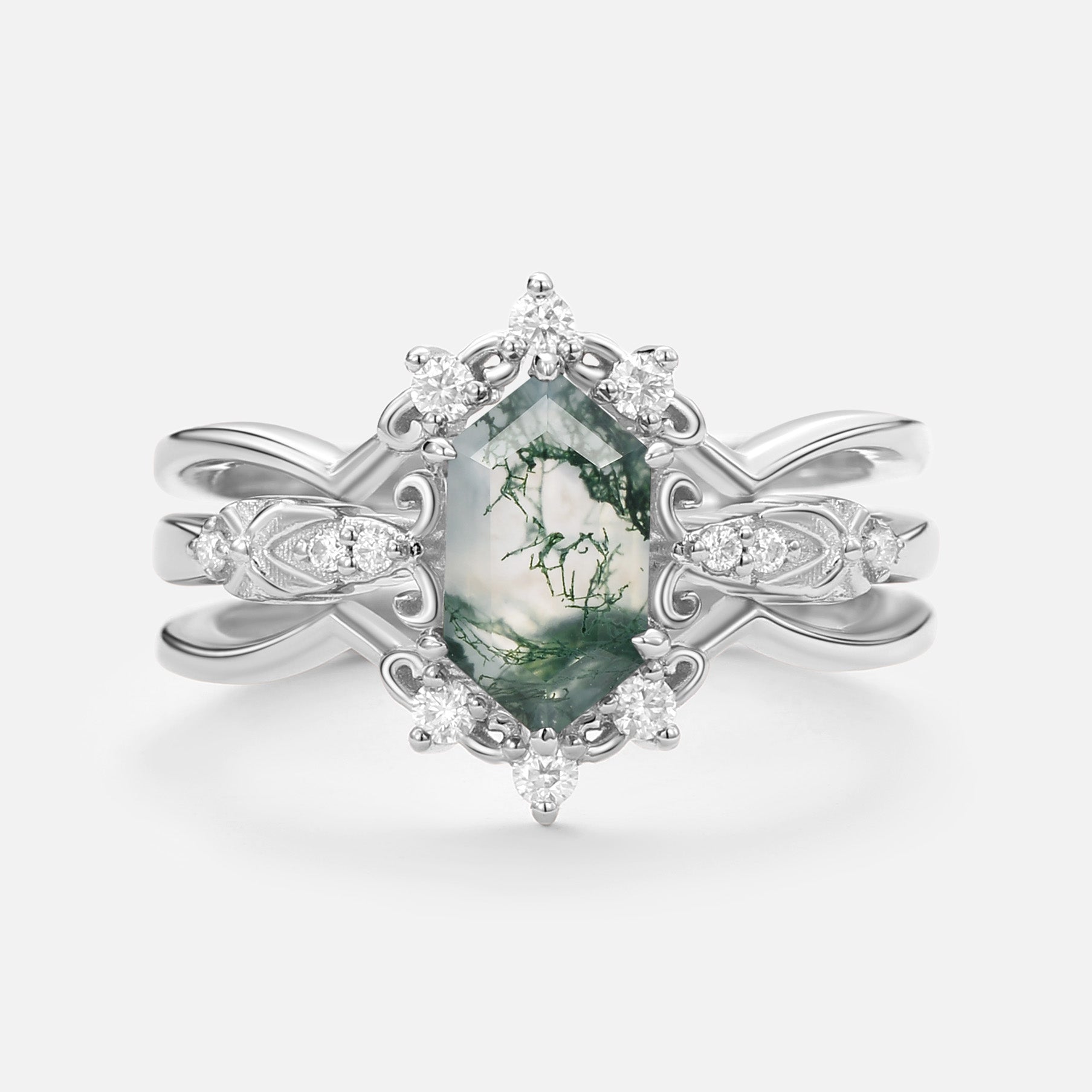 Vintage Long Hexagon Moss Agate Moissanite  Ring Set 2pcs