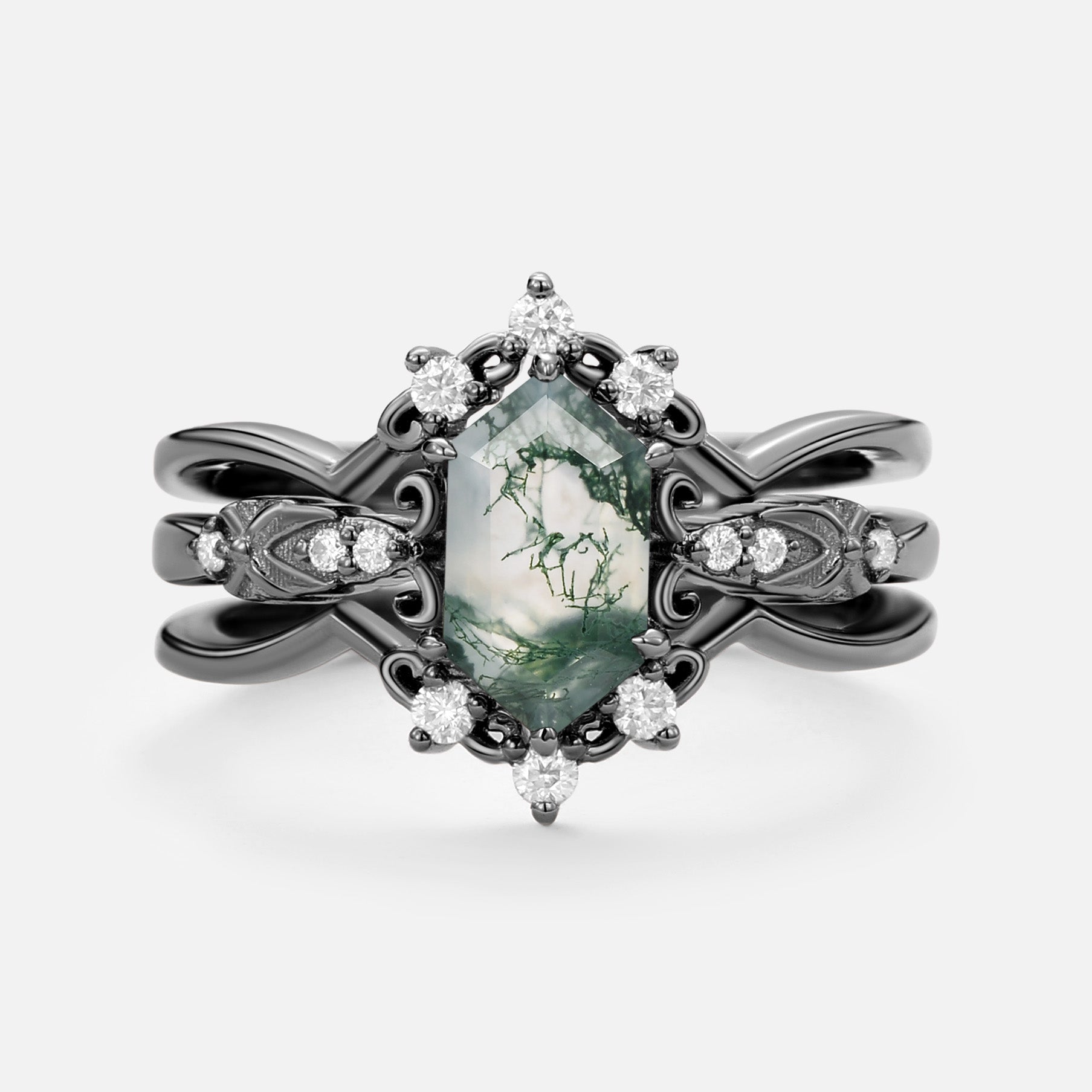 Vintage Long Hexagon Moss Agate Moissanite  Ring Set 2pcs