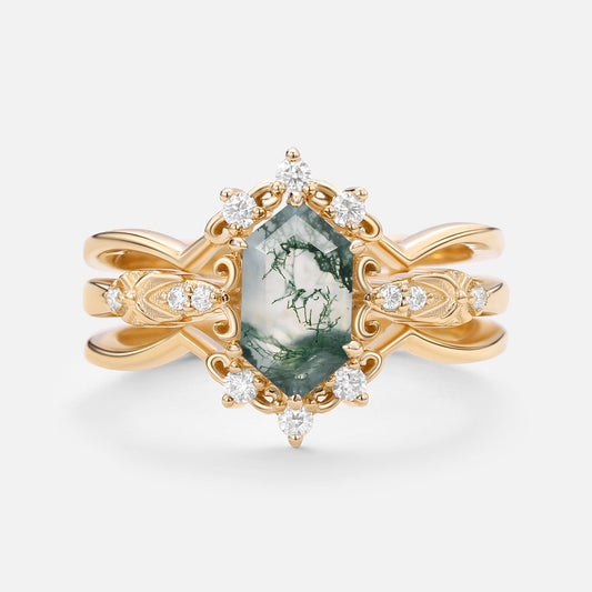 Vintage Long Hexagon Moss Agate Moissanite  Ring Set 2pcs