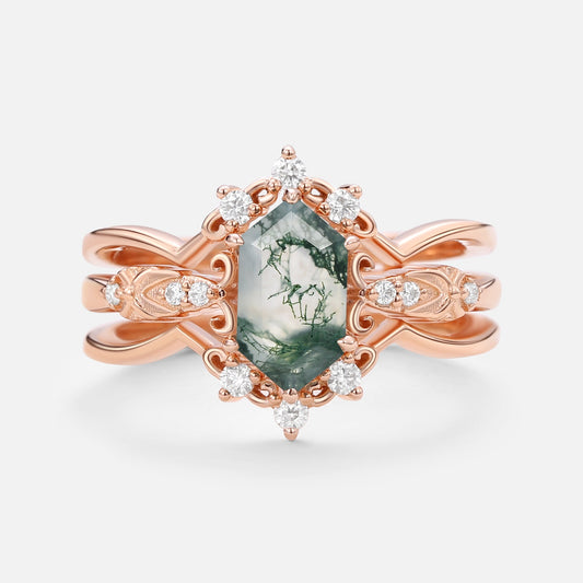 Vintage Long Hexagon Moss Agate Moissanite  Ring Set 2pcs