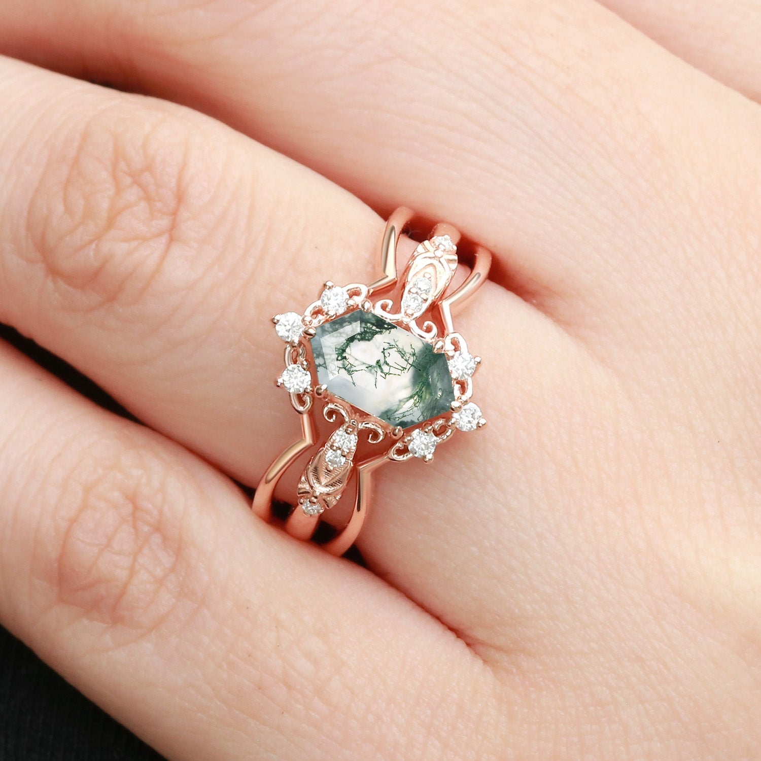 Vintage Long Hexagon Moss Agate Moissanite  Ring Set 2pcs
