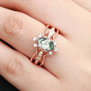 Vintage Long Hexagon Moss Agate Moissanite  Ring Set 2pcs