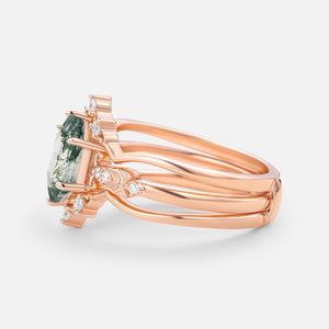 Vintage Long Hexagon Moss Agate Moissanite  Ring Set 2pcs