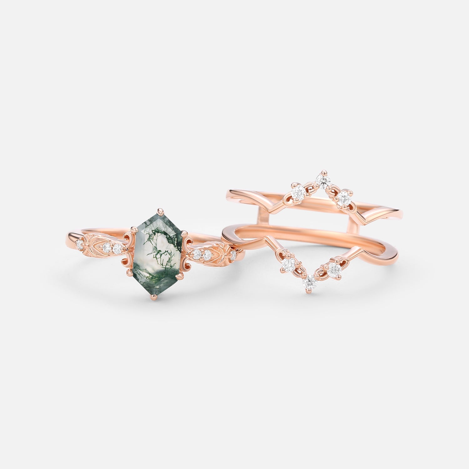 Vintage Long Hexagon Moss Agate Moissanite  Ring Set 2pcs