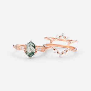 Vintage Long Hexagon Moss Agate Moissanite  Ring Set 2pcs