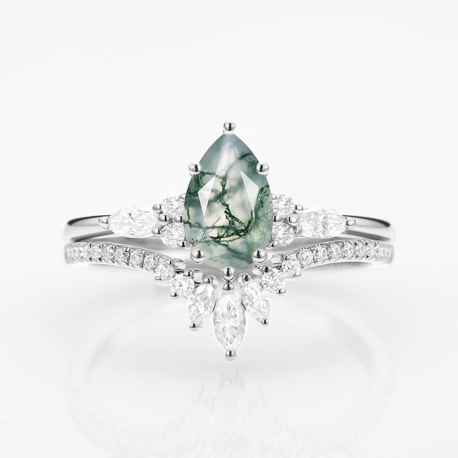 Pear Cut Moss Agate Three Stone Engagement Ring Set 2pcs - Rebecca