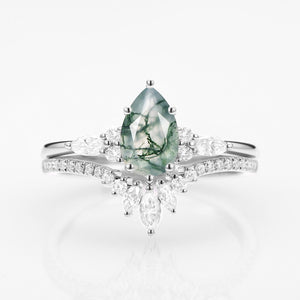 Pear Cut Moss Agate Three Stone Engagement Ring Set 2pcs - Rebecca