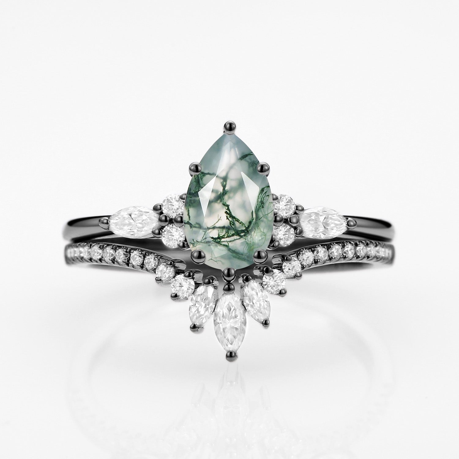 Pear Cut Moss Agate Three Stone Engagement Ring Set 2pcs - Rebecca