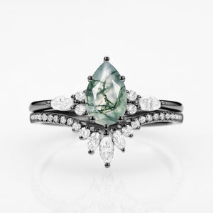 Pear Cut Moss Agate Three Stone Engagement Ring Set 2pcs - Rebecca