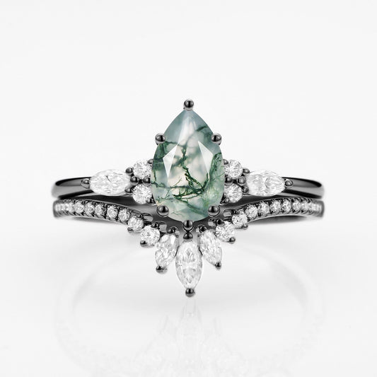 Rebecca Pear Cut Moss Agate Three Stone Engagement Ring Set 2pcs