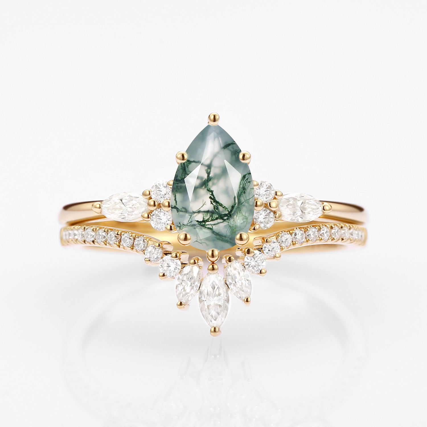 Pear Cut Moss Agate Three Stone Engagement Ring Set 2pcs - Rebecca