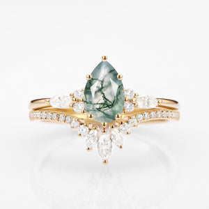 Pear Cut Moss Agate Three Stone Engagement Ring Set 2pcs - Rebecca