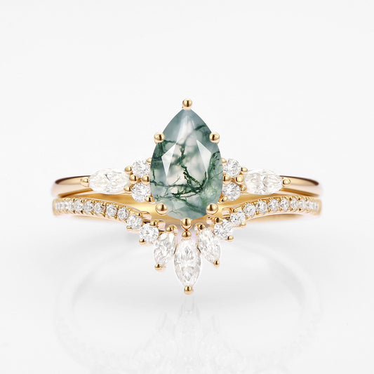 Pear Cut Moss Agate Three Stone Engagement Ring Set 2pcs - Rebecca
