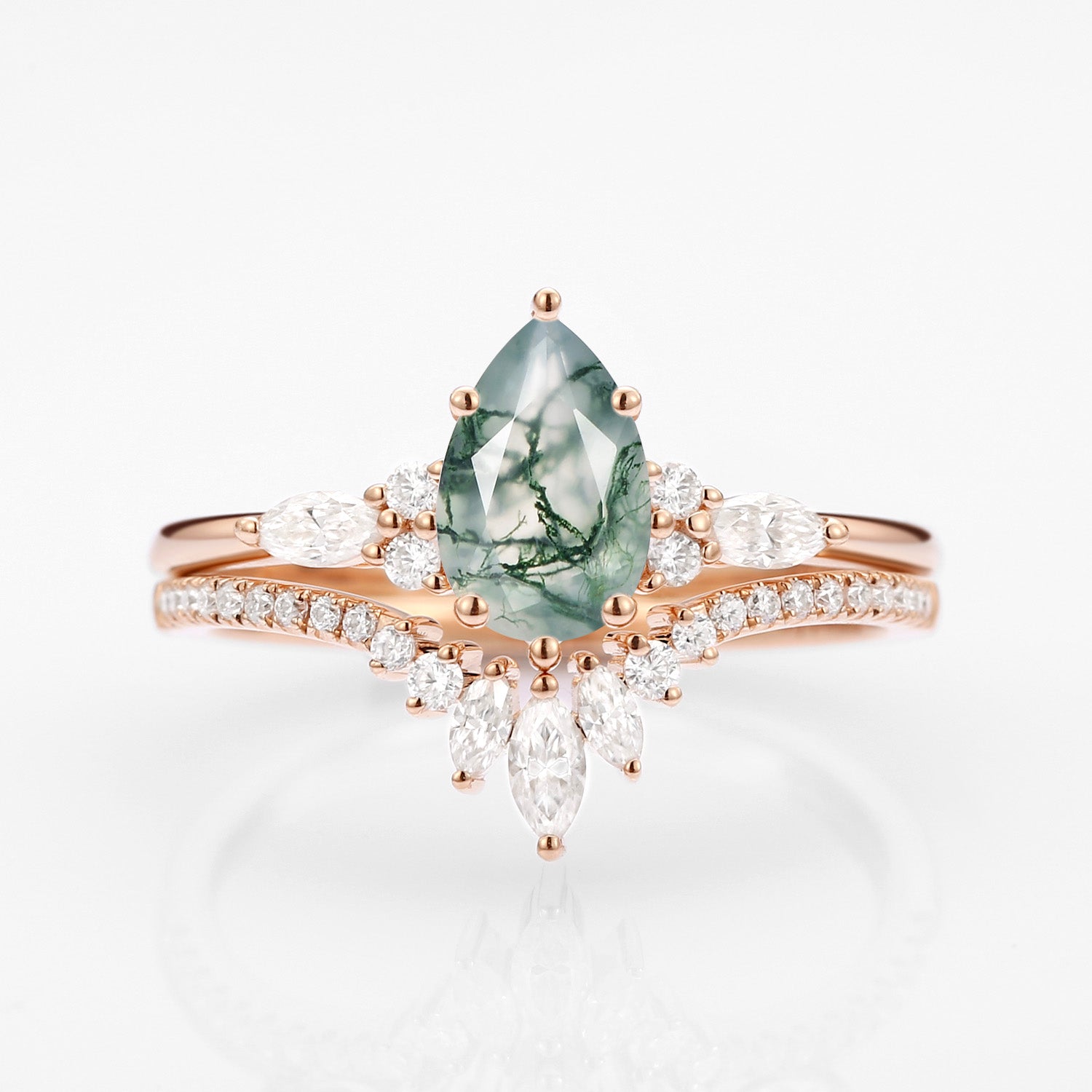 Pear Cut Moss Agate Three Stone Engagement Ring Set 2pcs - Rebecca