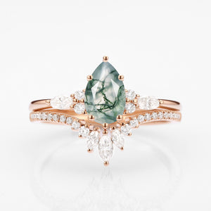 Pear Cut Moss Agate Three Stone Engagement Ring Set 2pcs - Rebecca