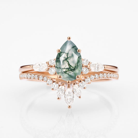 Pear Cut Moss Agate Three Stone Engagement Ring Set 2pcs - Rebecca