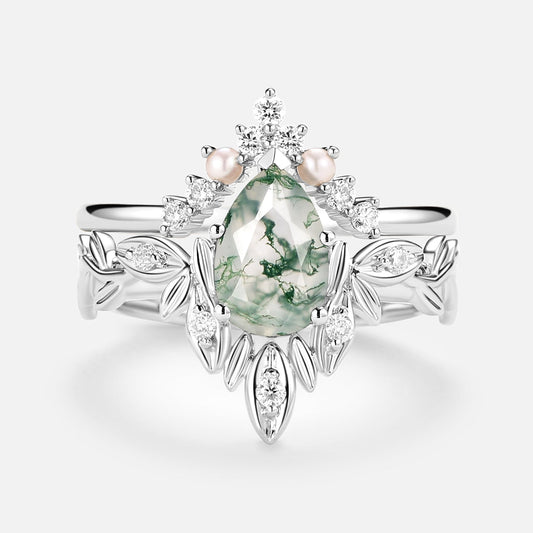 Pear Cut Leafy Nature Inspired Moss Agate & Pearl Ring Set 2pcs