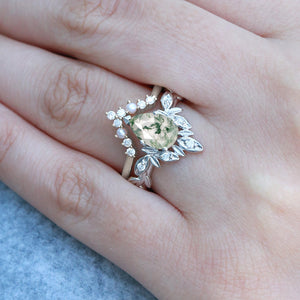 Pear Cut Leafy Nature Inspired Moss Agate & Pearl Ring Set 2pcs
