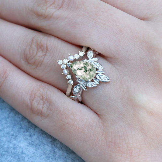 Pear Cut Leafy Nature Inspired Moss Agate & Pearl Ring Set 2pcs
