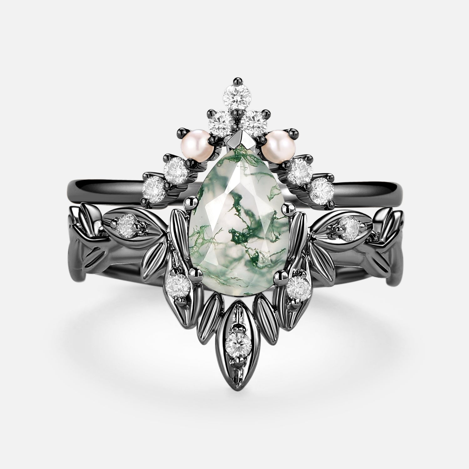 Pear Cut Leafy Nature Inspired Moss Agate & Pearl Ring Set 2pcs