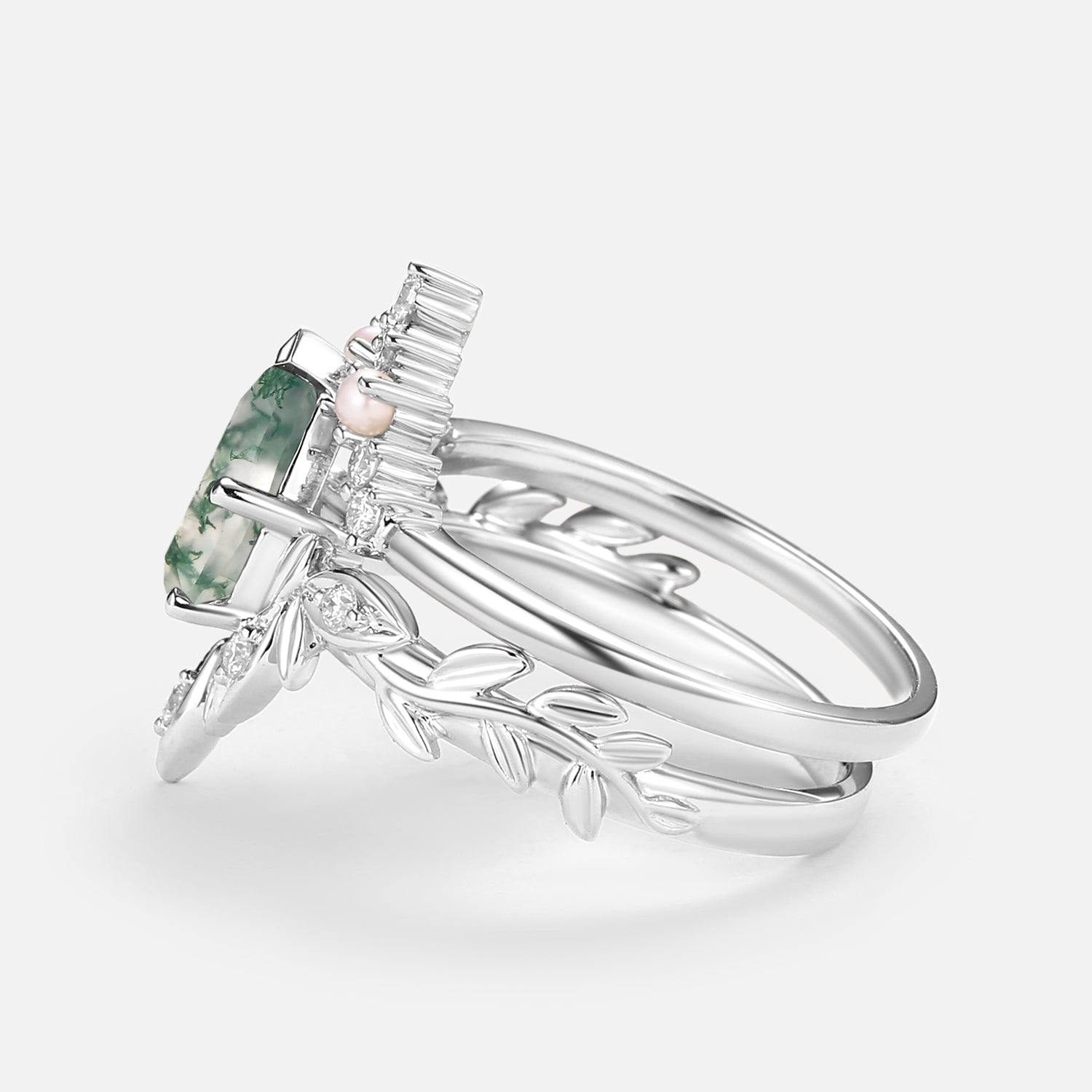 Pear Cut Leafy Nature Inspired Moss Agate & Pearl Ring Set 2pcs