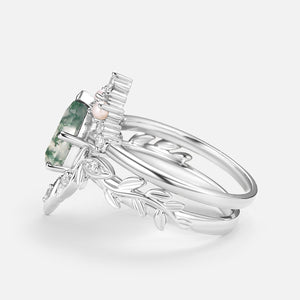 Pear Cut Leafy Nature Inspired Moss Agate & Pearl Ring Set 2pcs