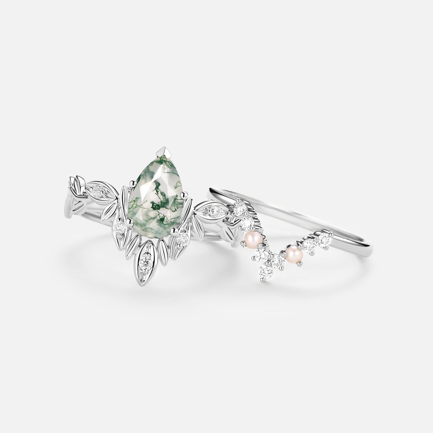 Pear Cut Leafy Nature Inspired Moss Agate & Pearl Ring Set 2pcs