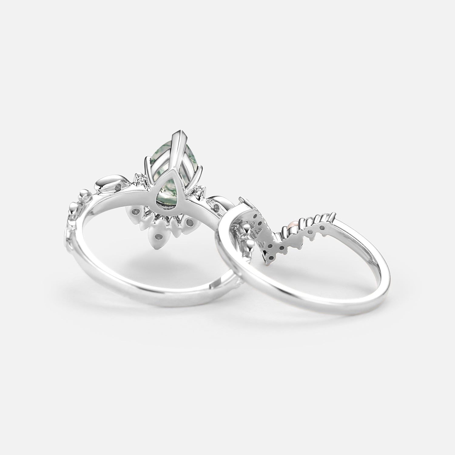 Pear Cut Leafy Nature Inspired Moss Agate & Pearl Ring Set 2pcs