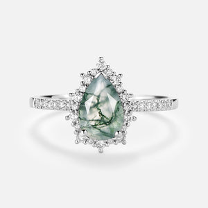 Halo Pear Shaped Moss Agate Engagement Ring - Ophelia