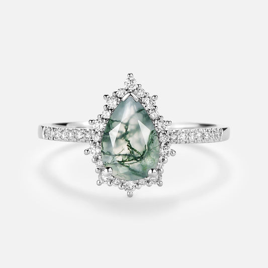 Halo Pear Shaped Moss Agate Engagement Ring - Ophelia