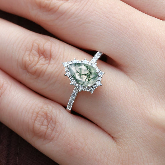 Halo Pear Shaped Moss Agate Engagement Ring - Ophelia