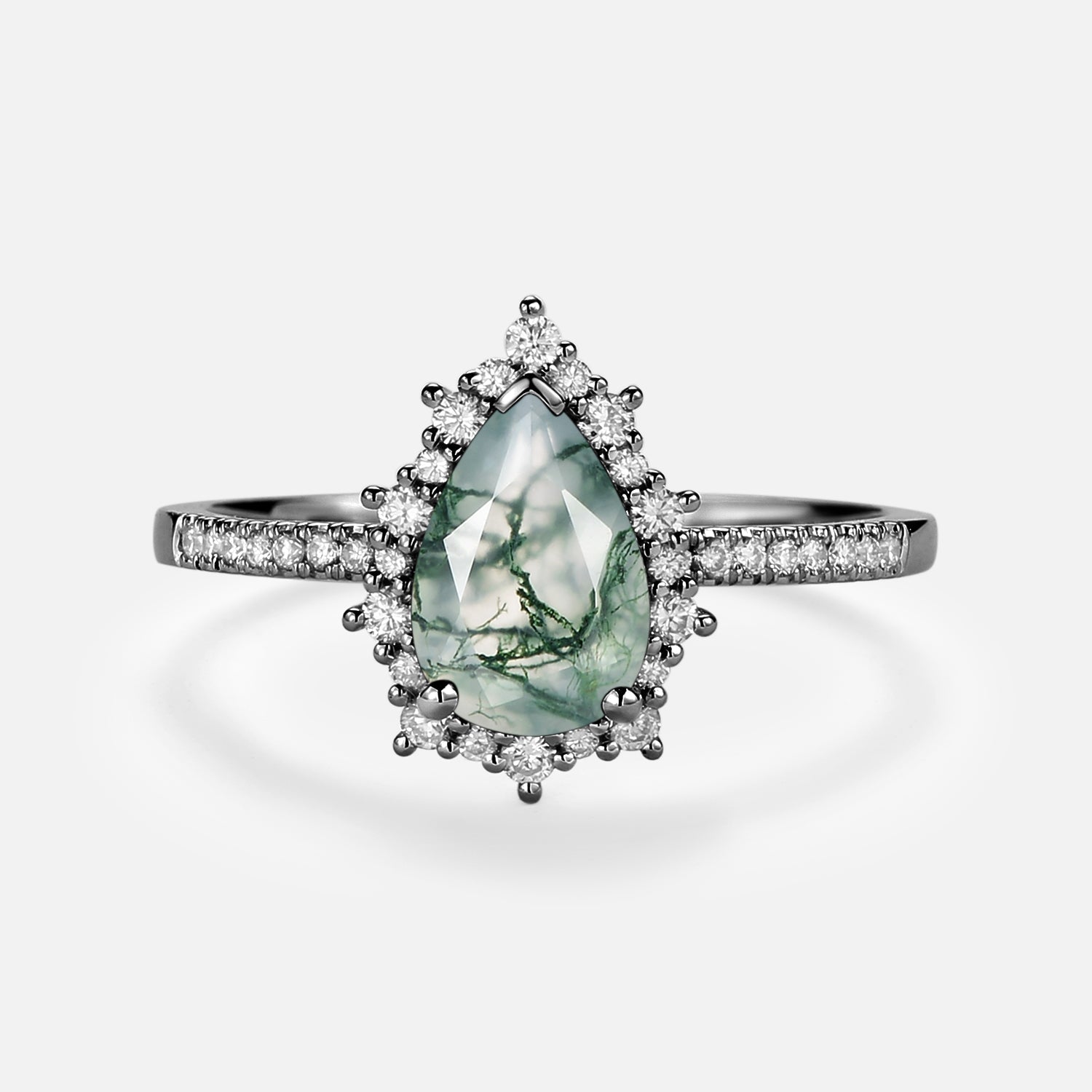 Halo Pear Shaped Moss Agate Engagement Ring - Ophelia