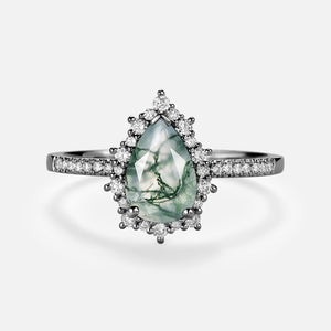 Halo Pear Shaped Moss Agate Engagement Ring - Ophelia