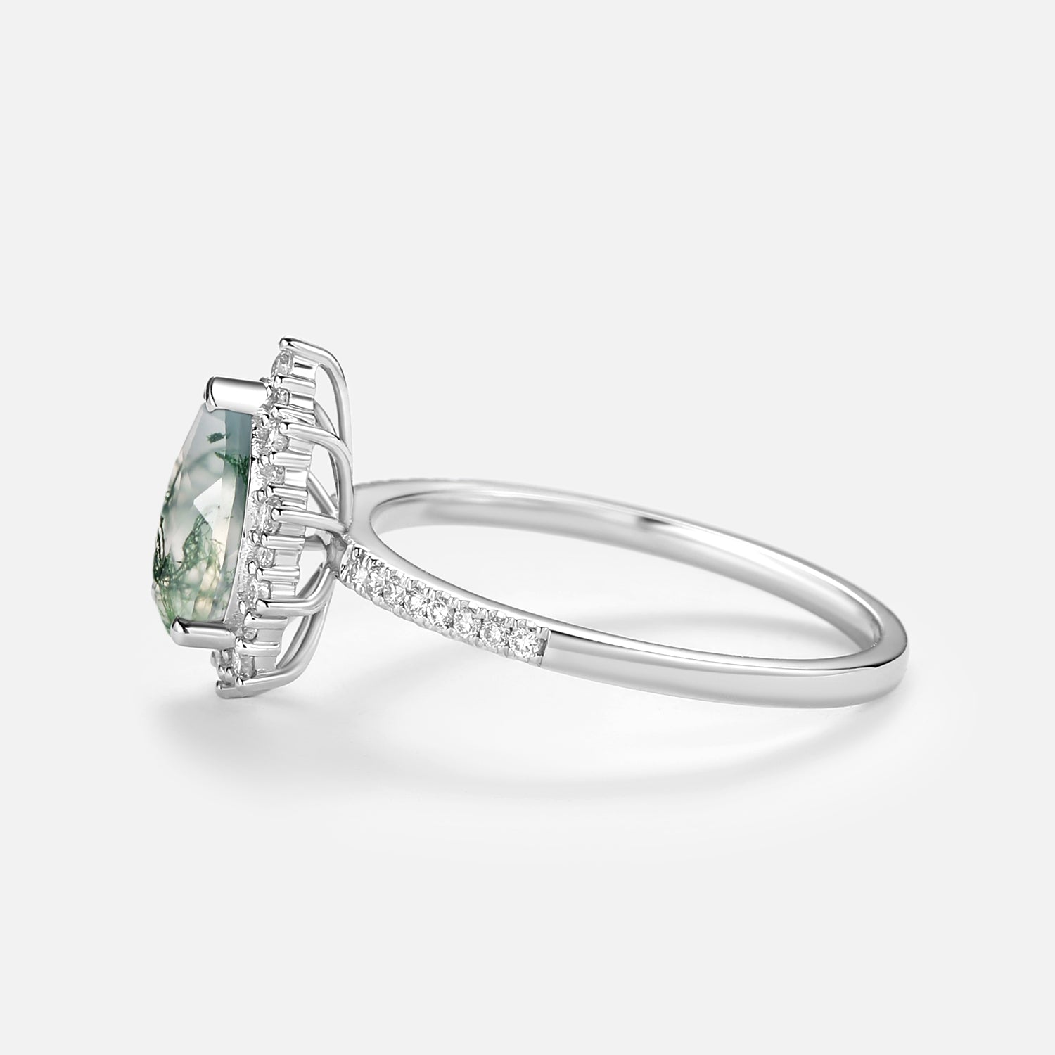 Halo Pear Shaped Moss Agate Engagement Ring - Ophelia