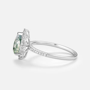 Halo Pear Shaped Moss Agate Engagement Ring - Ophelia