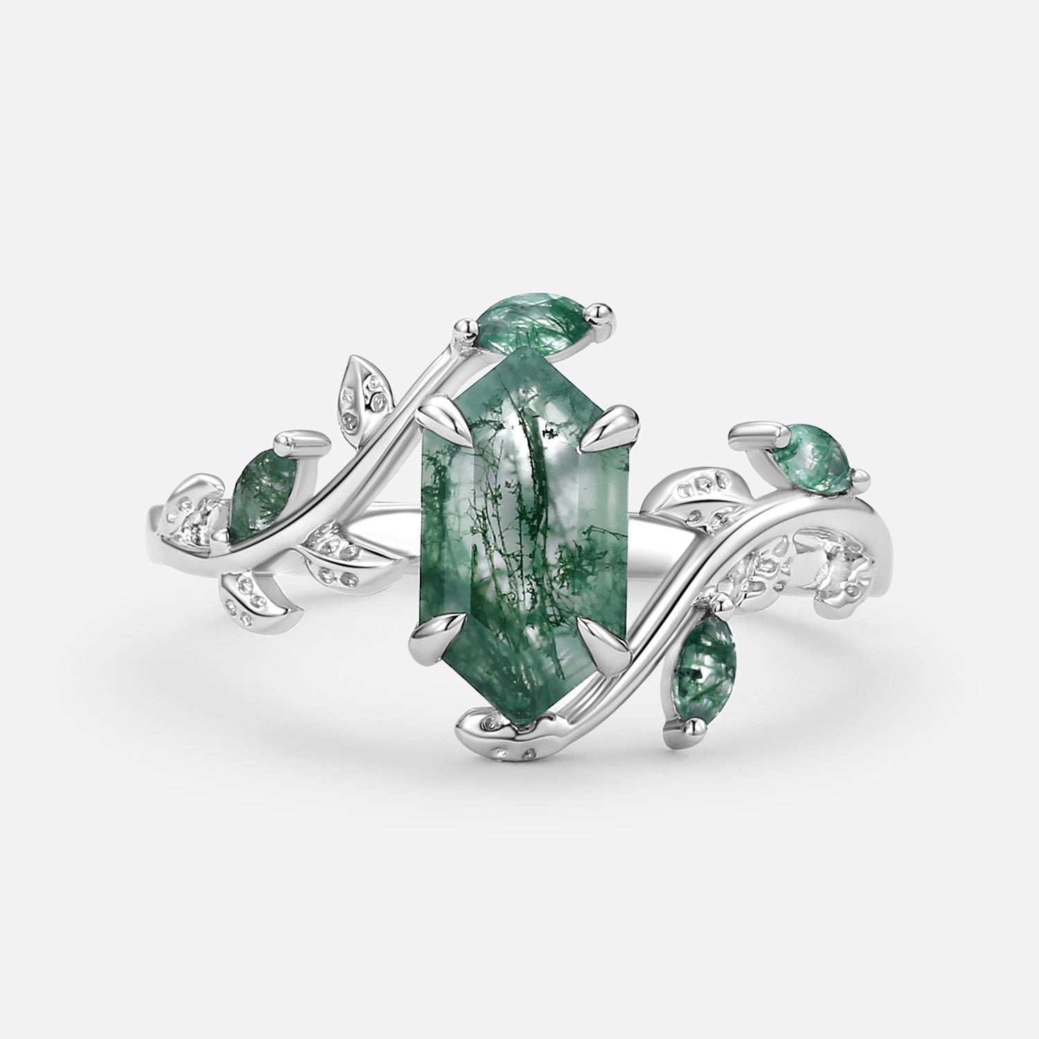 Vintage Hexagon Cut Moss Agate Leafy Engagement Ring