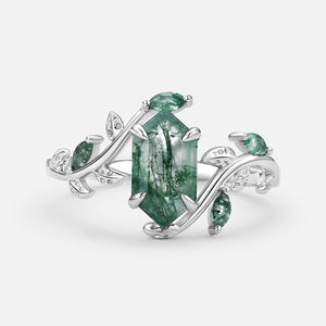 Vintage Hexagon Cut Moss Agate Leafy Engagement Ring