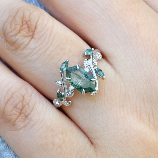 Vintage Hexagon Cut Moss Agate Leafy Engagement Ring