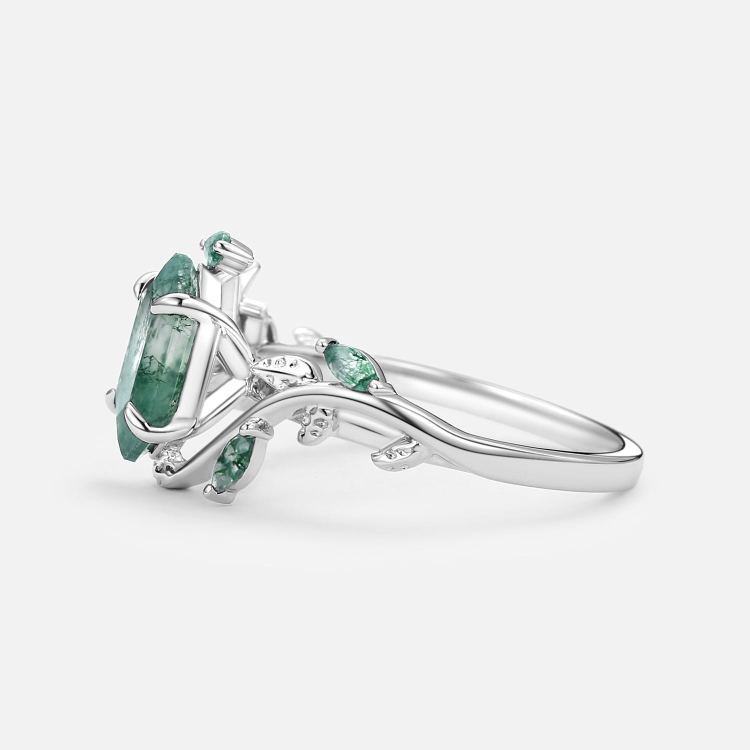Vintage Hexagon Cut Moss Agate Leafy Engagement Ring