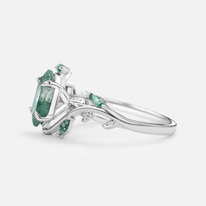 Vintage Hexagon Cut Moss Agate Leafy Engagement Ring