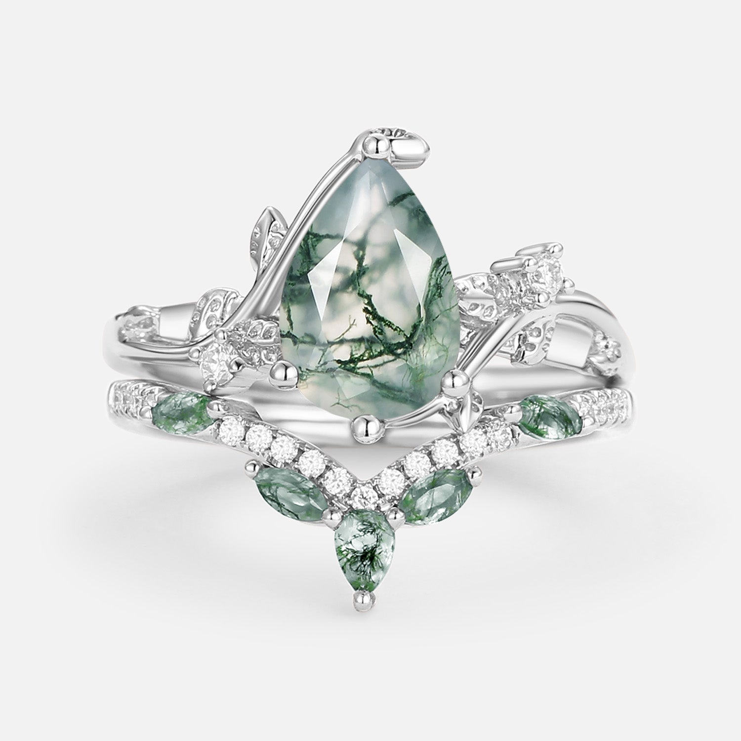 Twigs Pear Cut Moss Agate Vine Engagement Ring Set 2pcs