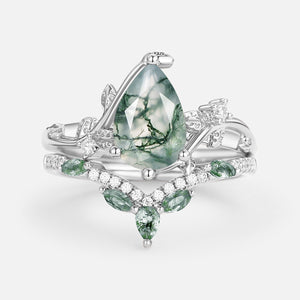 Twigs Pear Cut Moss Agate Vine Engagement Ring Set 2pcs