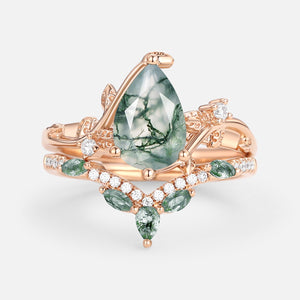 Twigs Pear Cut Moss Agate Vine Engagement Ring Set 2pcs
