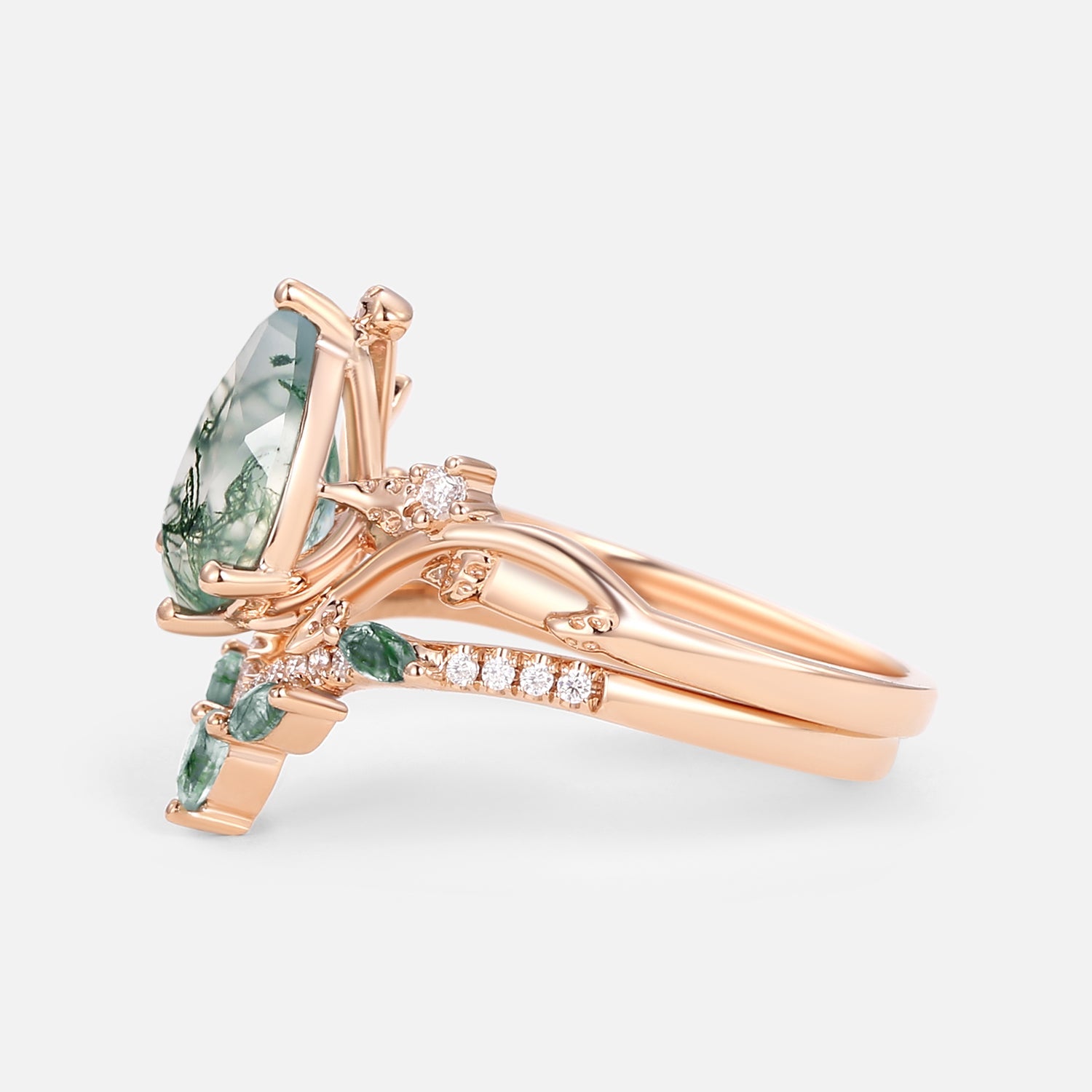 Twigs Pear Cut Moss Agate Vine Engagement Ring Set 2pcs